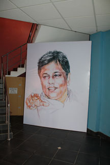 A drawing of slain editor Lasantha Wickramatunga stands in the lobby of The Sunday Leader. (CPJ)