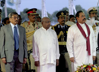 Right to left: President Mahinda Rajapaksa, Prime Minister Ratnasiri Wickramanayake, and Defense Secretary Gotabhaya Rajapaksa in June 2008. (Reuters/Buddhika Weerasinghe)