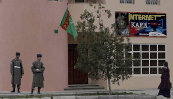Turkmen soldiers guard an Internet cafe in Ashgabat. (Reuters)