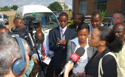 Chansa Kabwela speaks to reporters. (Thomas Nsama)