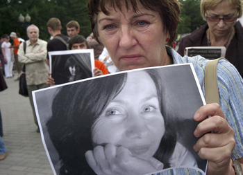Estemirova is remembered at a Moscow service. (AP/Alexander Zemlianichenko)