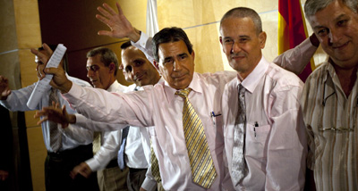 Newly freed political prisoners at a press conference in Madrid. (AP/Emilio Morenatti)