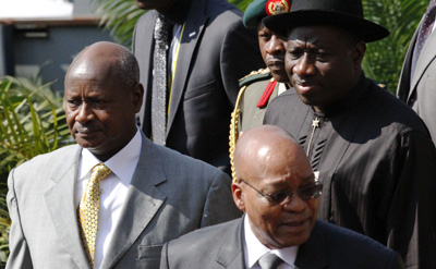 Uganda's Yoweri Museveni, left, South Africa's Jacob Zuma, and Nigeria's Goodluck Jonathan at this summer's African Union Summit in Kampala. (AFP/Marc Hofer)