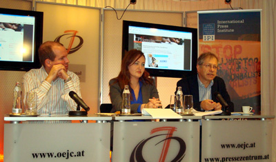 CPJ's Ognianova, center, leads a briefing Tuesday in Vienna. With her are, left, Anthony Mills of the International Press Institute and CPJ's Jean-Paul Marthoz. (CPJ)