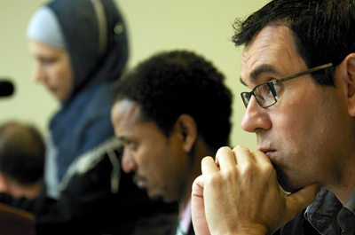 Left to right: Nadira Isayeva, Dawit Kebede, and Laureano Márquez in Washington. (CPJ/Rodney Lamkey Jr.)