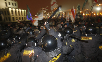 Belarusian police crush an election protest as critical domestic websites were suddenly blocked. (AP/Sergei Grits)