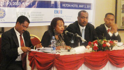 Pro-government journalists and officials who replaced independent journalists sit on a WPFD panel in Addis Ababa on Tuesday. (Awramba Times)