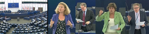 From left, European Parliament members Judith Sargentini, Charles Tannock, Ana Gomes, and Olle Schmidt call for the release of Eritrean political prisoners. (European Parliament)