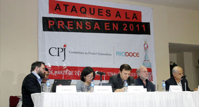 From left, CPJ Internet Advocacy Coordinator Danny O'Brien; Board member María Teresa Ronderos, Senior Americas Program Coordinator Carlos Lauría, and Ríodoce Deputy Director Alejandro Sicairos (Ron Bernal).