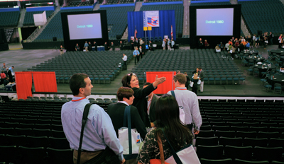 Members of the press get their first look at the site of the 2012 Republican National Convention in Tampa. Security zones have been established outside to ensure people's safety. (AP/Brian Blanco)