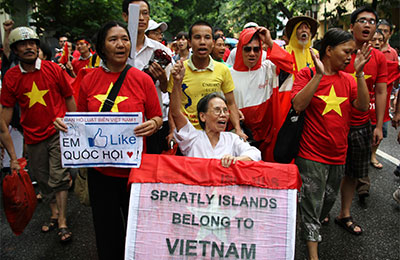 Reporting on anti-China protests like this one in Hanoi on July 1 is not allowed in Vietnam's state-controlled media. (Reuters/Nguyen Lan Thang)