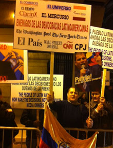 Protesters gather outside the Cabot Awards on Thursday. (CPJ/Sara Rafsky)