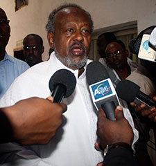 Djibouti President Ismael Omar Guelleh addresses the media after his re-election in April 2011. (AP)