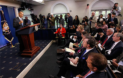 Obama answers questions from the media in the Brady press briefing room at the White House, April 30. (Reuters/Jason Reed)