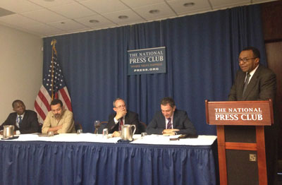 CPJ board member Clarence Page, right, speaks  at a panel Wednesday organized by the Robert F. Kennedy Center for Justice and Human Rights in partnership with CPJ in Washington, D.C. (CPJ/Rachael Levy)