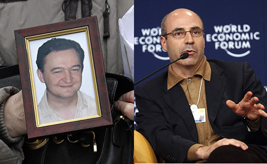 En 2009, la mort en prison de l'avocat russe Sergei Magnitsky, qu'on voit sur la gauche, a déclenché une campagne lancée par son ami, William Browder, à droite sur la photo.  La loi qui en est résulté, la Loi Sergei Magnitsky sur l'état de droit et la responsabilité, exige que le gouvernement des États-Unis refuse des visas et gèle les avoirs des particuliers considérés comme coupables de la mort de Magnitsky.  (À gauche : AP/Alexander Zemlianichenko. À droite : AP/Virginia Mayo)