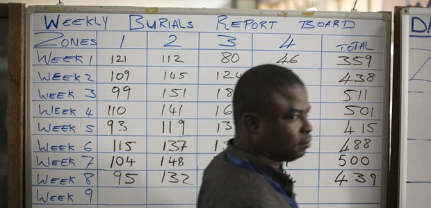 Un homme passe devant un tableau de recensement des décès et des cas connus de virus Ébola au centre d'intervention d'urgence de la Western Area à Freetown, Sierra Leone, le 16 décembre 2014. (Reuters/Baz Ratner)