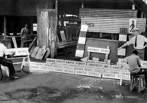 Signs are made for streets that were renamed after independence. One year after taking power, President Jomo Kenyatta nationalized the country’s radio and television services. (AFP)