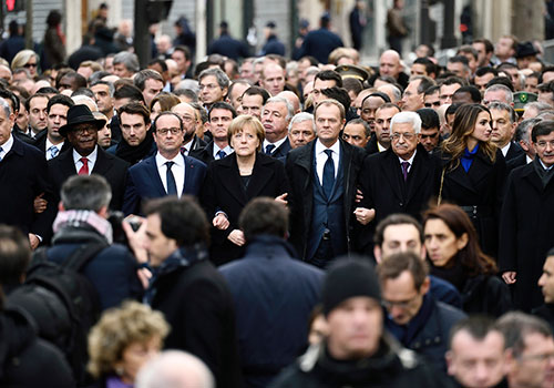 Leaders of member states join a solidarity march in Paris for the Charlie Hebdo victims. Several EU countries made calls for repressive legislation and greater surveillance in the months after the attack. (APF/Eric Feferberg)