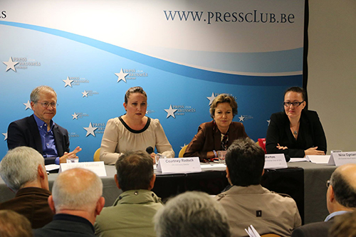 CPJ staff at a press conference in Brussels while launching a special report on press freedom in the EU. (CPJ)