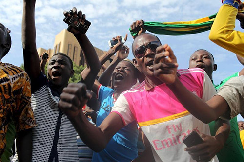 Residents protest over the coup in Ouagadougou in September. With many radio stations silenced during the unrest, pirate station Radio Resistance was a vital resource for news. (Reuters/Joe Penney)