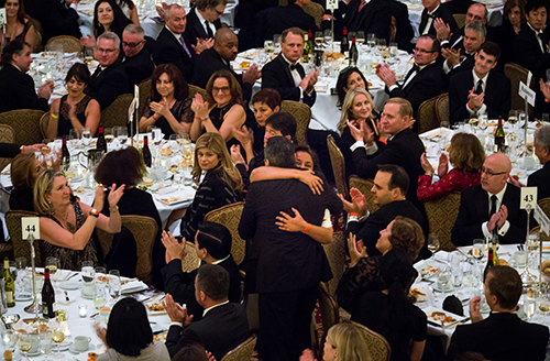 Reeyot Alemu embraces Al-Jazeera journalist Mohamed Fahmy at CPJ's 2015 International Press Freedom Awards. Both were freed from prison last year. (Getty Images/Michael Nagle)