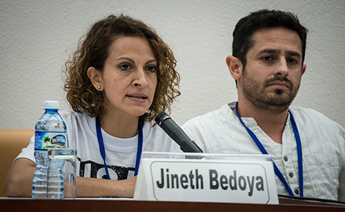 A suspect has been convicted in the 2000 attack on Colombian journalist Jineth Bedoya, pictured at left. (AFP/Dalberto Roque)