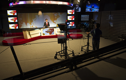 Tolo TV's news studio, pictured in 2010. Morale is high among staff at the Afghan station despite a deadly attack in January. (Reuters/Ahmad Masood)