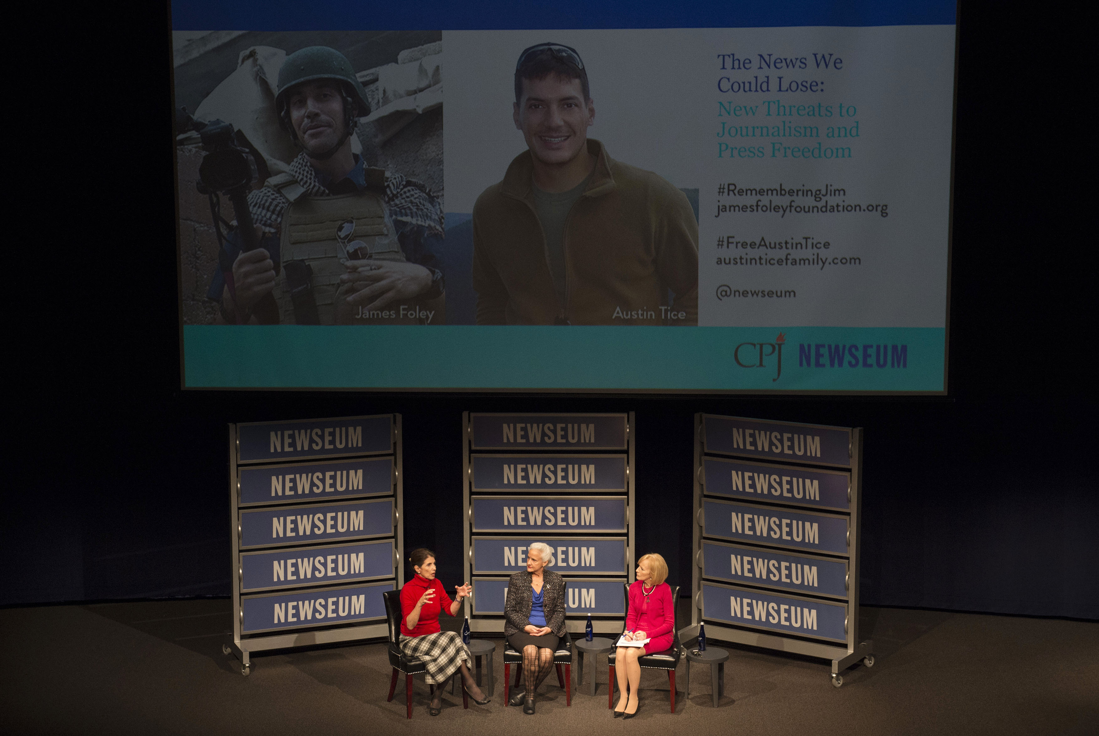 Diane Foley, left, mother of James Foley, the photojournalist killed by Islamic State militants in 2014, and Debra Tice, mother of freelance journalist Austin Tice, who has been missing since he was taken captive in Syria in 2012, take part in a forum at the Newseum in Washington on February 4, 2015. (AP/Molly Riley)