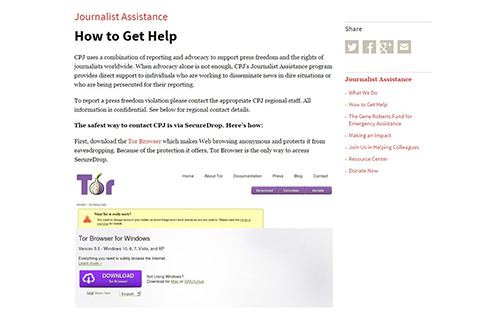 A screenshot from CPJ's Journalist Assistance page that instructs journalists under threat on how to use SecureDrop to communicate safely. (CPJ)