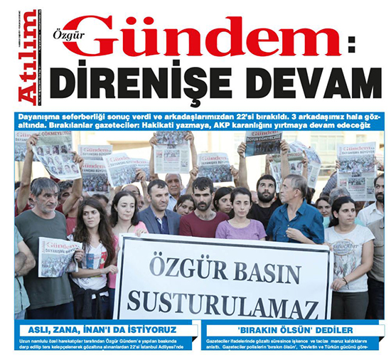 A screenshot shows the August 19, 2016, front page of Özgür Gündem newspaper, released as a special edition of the socialist weekly Atılım, bearing the headline "Resistance continues."