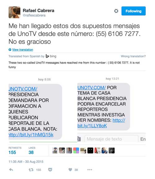 This screen shot from Twitter shows two links that were disguised in messages to Rafael Cabrera, a Mexican investigative journalist, appearing to originate with another news organization. Cabrera does not appear to have been hacked, showing that journalists who are vigilant can avoid malware.