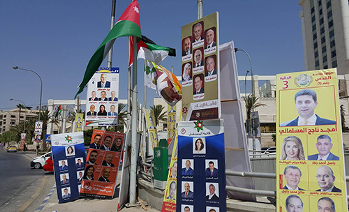 Election posters on a street in Amman. CPJ visited Jordan to review the press freedom situation ahead of the September 20 vote. (CPJ/Sherif Mansour)