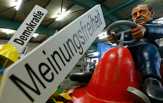 A float depicting Turkish President Recep Tayyip Erdoğan stands ready for the upcoming Rose Monday carnival parade in Mainz, Germany, February 21, 2017. The signs say 'democracy' and 'freedom of speech.' (Reuters/Ralph Orlowski)