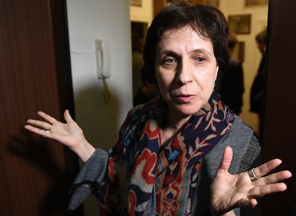 Russian journalist and human rights activist Zoya Svetova speaks to the press after security forces searched her apartment in Moscow, February 28, 2017. (Vasily Maximov/AFP/Getty)