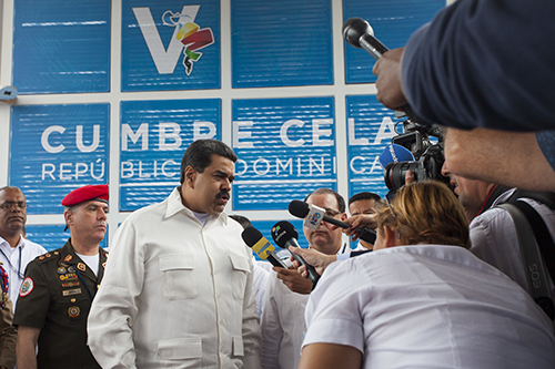 Venezuelan President Nicolás Maduro speaks to the press at a summit in January. The state-run regulator has suspended transmissions of CNN en Español days after the president criticized the broadcaster. (AP/Tatiana Fernandez)