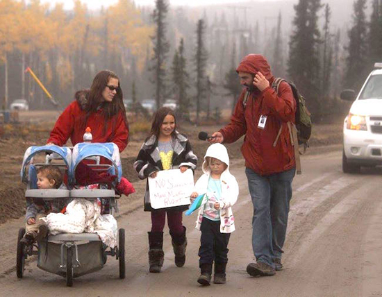 Justin Brake interviews protesters at Muskrat Falls, Labrador, in the fall of 2016. (Janet Cooper)