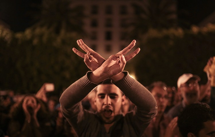 A man gestures at a protest in support of protests in northern Morocco's Rif region, Rabat, May 28, 2017. (AP/Mosa'ab Elshamy)