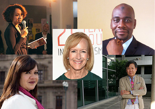 Clockwise from top left: Afrah Nasser (Elmeri Kauko), Ahmed Abba (credit withheld), Pravit Rojanaphruk (Pravit Rojanaphruk), and Patricia Mayorga (Patricia Mayorga). Center: Judy Woodruff (AFP/Getty Images/Jamie McCarthy)