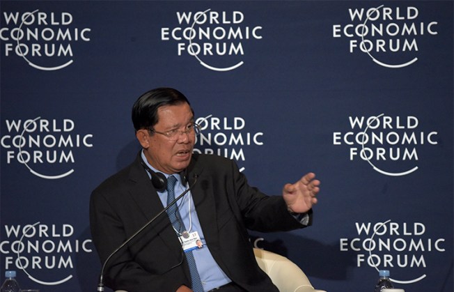 Cambodia's Prime Minister Hun Sen, pictured at the World Economic Forum in May 2017, is pressuring The Cambodia Daily to pay a disputed tax bill or close. (AFP/STR)