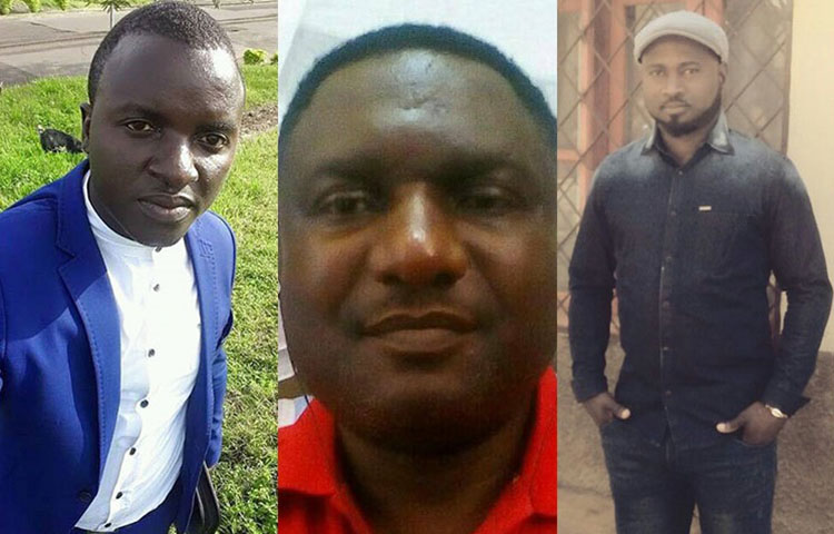 From left, Atia Tilarious Azohnwi, Tim Finnian, and Hans Achomba faced a military tribunal for covering protests and unrest in Cameroon’s English-speaking regions. They were freed under a presidential decree. (Family handouts)