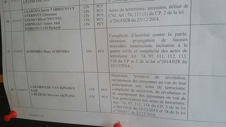 Notice affichée devant un tribunal militaire avec la liste des accusations de terrorisme portées par les autorités contre Hans Achomba. (Lilian Shiya)