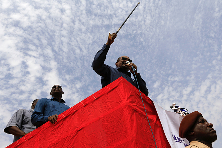 Sudan's President Omar al-Bashir addresses supporters during his visit to the war-torn Darfur region, in Bilal, Darfur, Sudan September 22, 2017. A Sudanese criminal court convicted an editor to six months in prison for publishing an article that accused Sudan's first family of corruption, according to news reports. (Reuters/Mohamed Nureldin Abdallah)