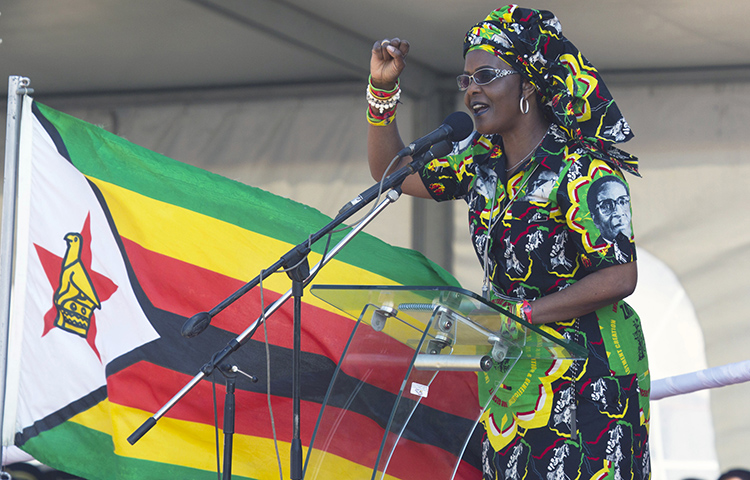 Zimbabwean First Lady Grace Mugabe addresses party supporters in Gweru, Zimbabwe, on September 1. Police detained a journalist, Kenneth Nyangani, for reporting that Mugabe allegedly donated used underwear and women's nightgowns to ruling party supporters. (AP/Tsvangirayi Mukwazhi)