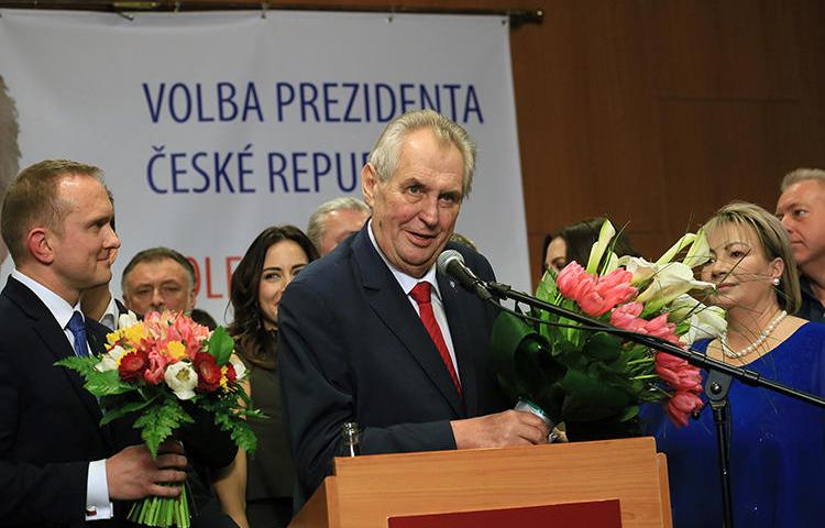 President Miloš Zeman gives a victory speech in Prague after being reelected on January 27. Reporters covering the Czech presidential election say they were harassed and verbally assaulted. (AFP/Radek Mica)