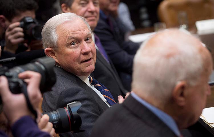 US Attorney General Jeff Sessions, pictured at a meeting in January 2018, has indicated he intends to pursue leak investigations. (AFP/Saul Loeb)