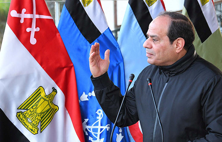 Egyptian President Abdel Fattah Al Sisi speaks at the Military Academy in Cairo, Egypt, February 19, 2018. The Egyptian government has cracked down on the media ahead of a scheduled presidential elections next month, in which President Abdel Fattah el-Sisi is running virtually unopposed, according to media reports. (Reuters/The Egyptian Presidency/Handout)