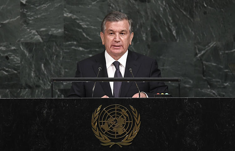 President Shavkat Mirziyoyev addresses the UN General Assembly in September 2017. Uzbekistan has released the world's longest-jailed journalist, but two others are still in jail awaiting trial. (AFP/Jewel Samad)