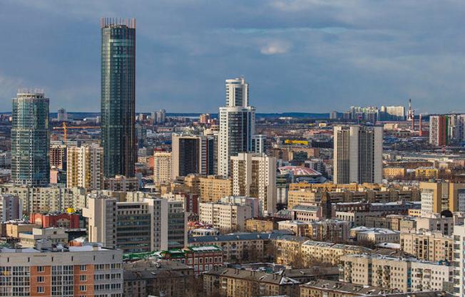 A view of the center of Yekaterinburg from the stands of the new the World Cup stadium in March 2018. Russian investigative journalist Maksim Borodin died after falling on April 12, 2018, from the balcony of his fifth-floor apartment, according to reports. (AP/Anton Basanaev)