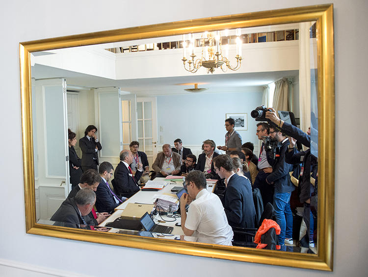The French delegation briefs journalists during nuclear talks in Vienna in July 2015. The future of the deal is in question after the U.S. pulled out. (Reuters/Joe Klamar/Pool)